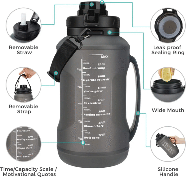 Collapsible Water Bottle, 2L/64OZ Large Capacity with Straw Half Gallon Silicone Foldable Water Bottle with Carrying Strap - Image 6